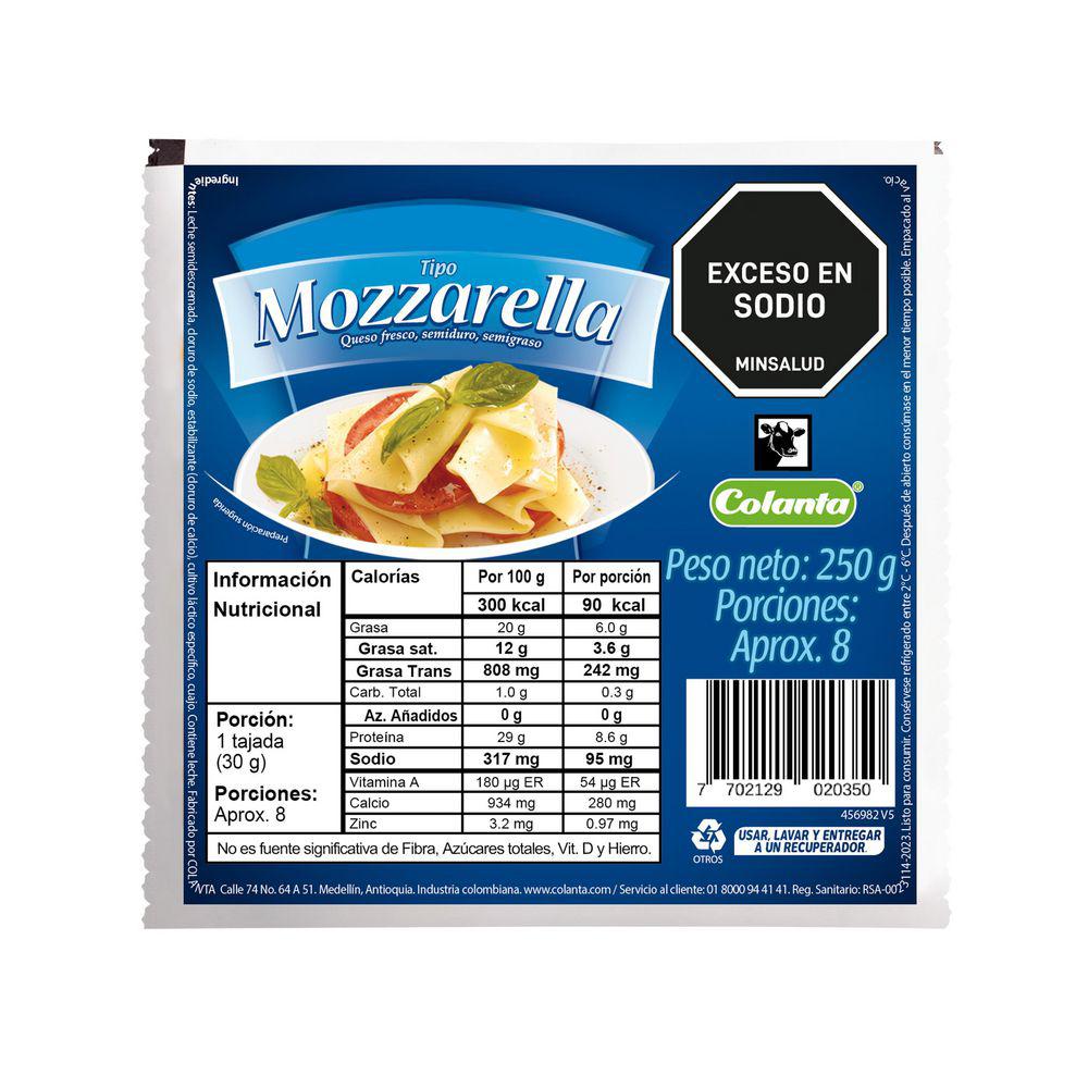 Queso Mozzarella Tajado Colanta 250g  